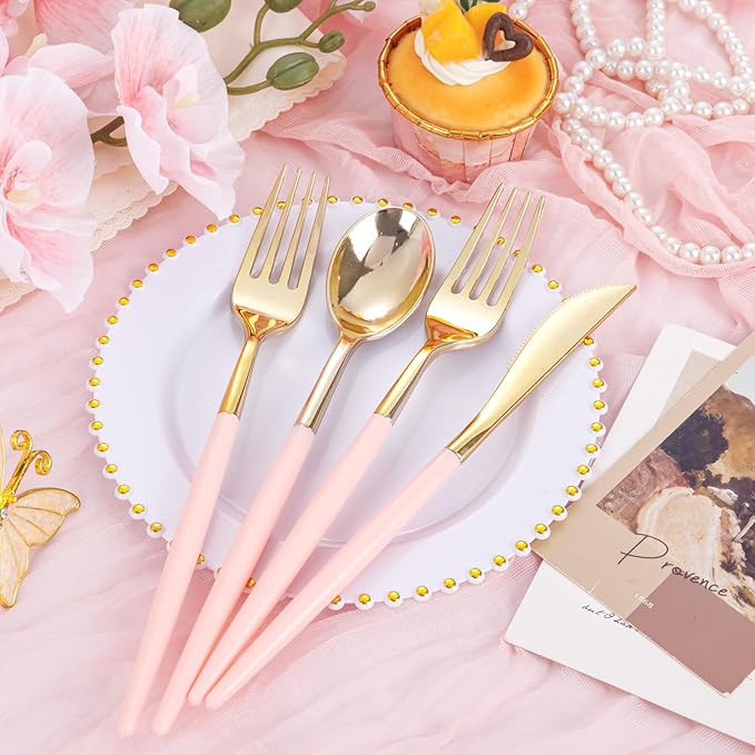 Supernal 102Pcs Pink Plastic Silverware, Gold Disposable Utensils with Pink Handle, Elegant Gold Plastic Silverware Set Includes 34 Forks, 34 Spoons and 34 Knives for Party & Wedding, Mother's Day