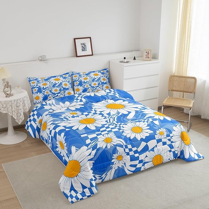 Castle Fairy Kids Abstract Comforter Set Twin Size,White Daisy Flowers Bedding Comforters Bedroom Decor,Blue Zebra Stripes Geometric Plaid Microfiber Duvet Set for Kids Teens,2 Pcs
