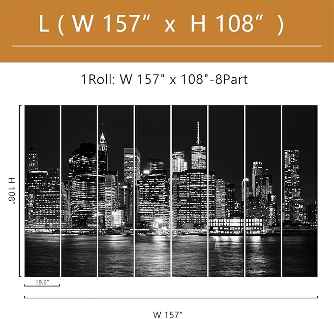 Black City Wallpaper Peel and Stick New York Night Scene Self Adhesive Wall Mural for Living Room Bedroom 157"x108"