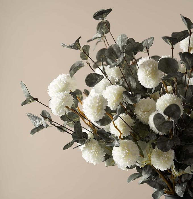 Laelfe 10 Kiku Artificial Flowers + 5 Large Eucalyptus Branches, Silk Fake White Flowers Pompon Mums (Ball Flower Stems) - Decor for Home, Wedding Filler, Centerpieces & Shower Arrangements