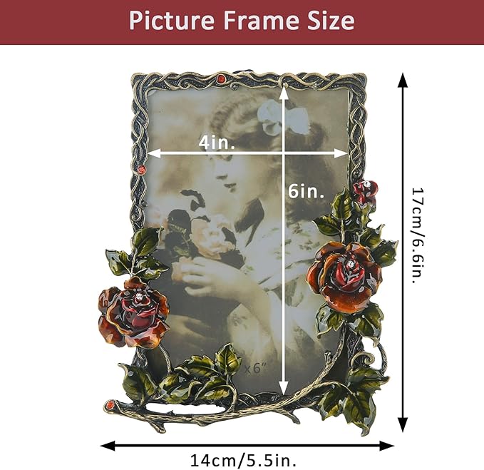 4x6 Picture Frame Vintage Decor Ornate Red Rose Flower Antique Photo Frame with Glass Front Metal Brass Art Table Top Decor for Valentines Wedding Anniversary Birthday Mothers Day Gifts