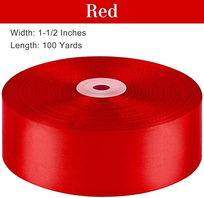 1-1/2 Inches 100 Yards Red Satin Ribbon, Solid Fabric Ribbon Roll for Flower Bouquets, Gift Wrapping, Wedding, Christmas, Handmade Crafts