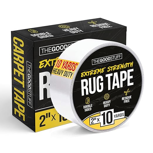 The Good Stuff Double Sided Carpet Tape [2 Inch x 10 yd] Secure Area Rugs to Carpets, Laminate, and Hardwood Floors, Easy to Remove and Restick Without Residue or Damage to Rug or Floor