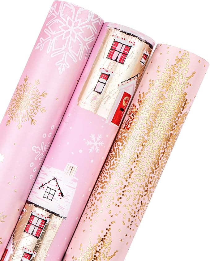 WRAPAHOLIC Christmas Wrapping Paper Roll - Mini Roll - 3 Rolls - 17 Inch X 120 Inch Per Roll - Pink and Gold House, Christmas tree, Snowflake Holiday Collection with Metallic Foil Shine