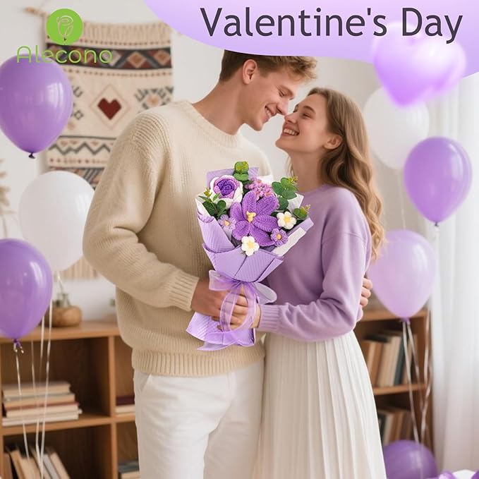 Alecono Crochet Flower Bouquet, Knitted Flowers, Purple Handmade Bouquet of Flowers for Lover Anniversary Birthday Party Mother's Day Graduation Gifts (Include Card)