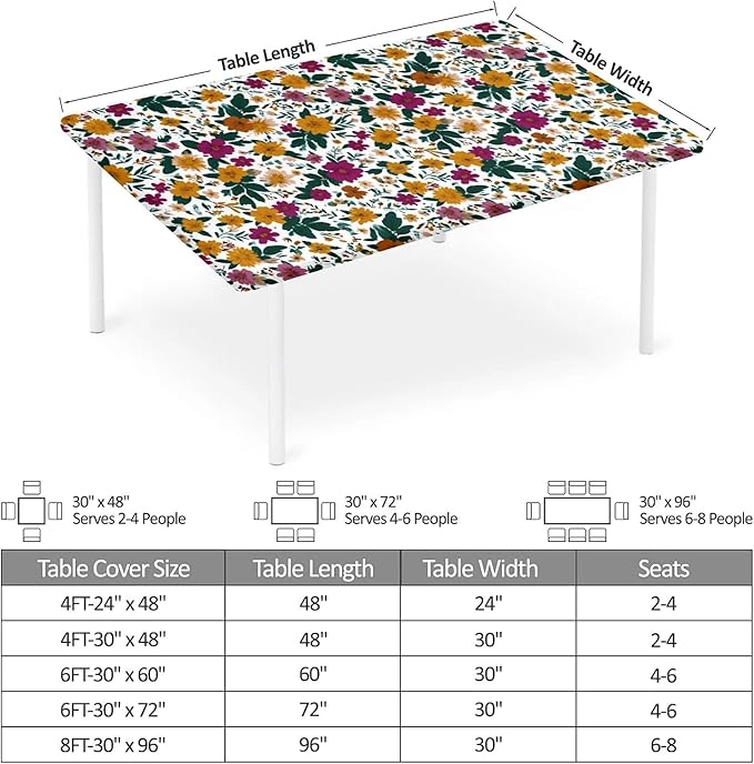 Rectangle Table Cloth Cover Waterproof Elastic Fitted Polyester Fitted Tablecloths for 4 Foot Tables for Indoor,Picnic, Camping, Outdoor （48" x 24"，Floral Print）