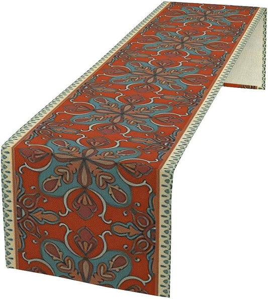 Boho Floral Table Runner, Burnt Orange Blue Traditional Ethnic Flower Vintage Farmhouse Table Runner for Kitchen Dining Wedding Party Decor, 13x70 Inch