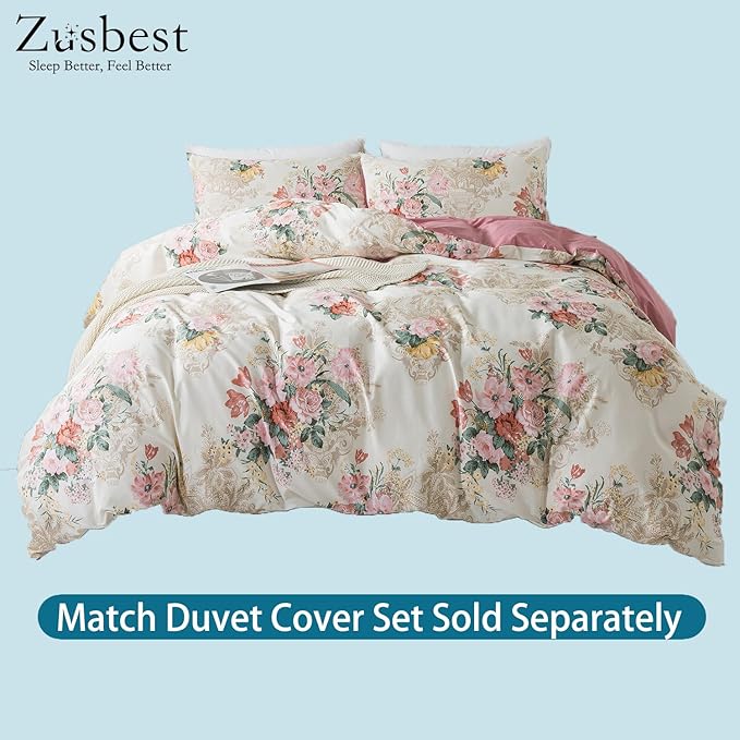Zusbest King Floral Bed Sheets, Soft 100% Cotton Pink & Cream Sheets Set, Shabby Vintage Chic Peony Flower Printed Paisley Bed Set, Breathable Luxury Bedding 4 Piece Deep Pocket 17.5‘’
