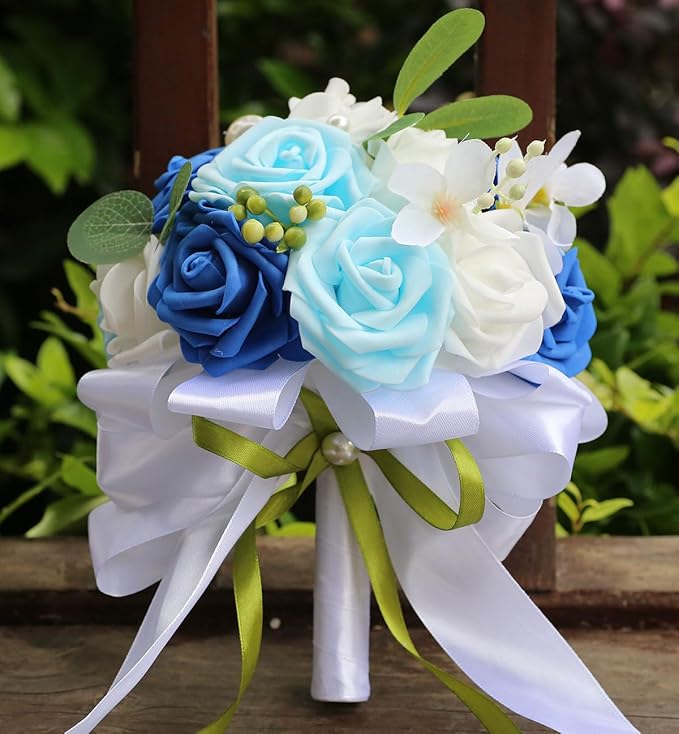 Lightweight Bridal Wedding Bouquet Round Holding Bouquet Throw Toss Artificial Rose Flower Bunch for Bride Bridesmaid Wedding Quinceanera (White, Royal Blue & Light Blue, 9.1")