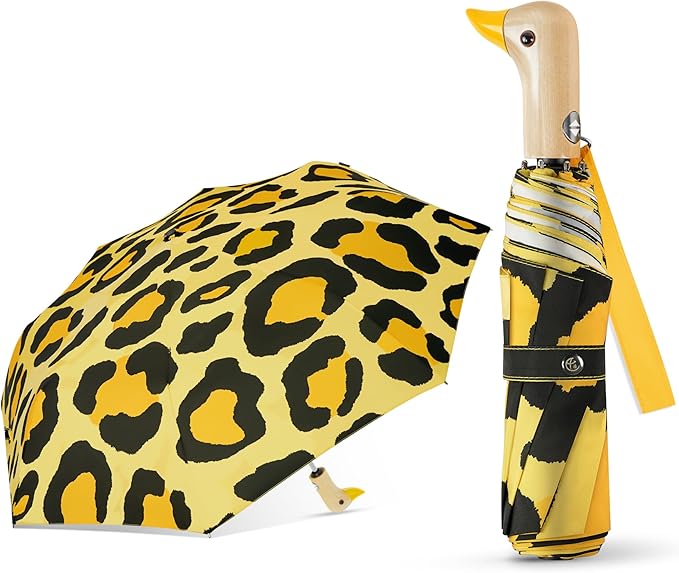 Cute Duck Umbrella Automatic - Compact Pretty Pocket Size Strong Duck Collapsible Umbrella Yellow Wooden Handle for Women