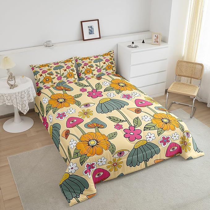 Castle Fairy 70s Retro Floral Twin Size Comforter Set,Hippie Flowers Leaves Duvet Set for Kids Boys Bedroom,Cartoon Eyes Mushroom Soft Microfiber Bedding Comforters,2 Pcs