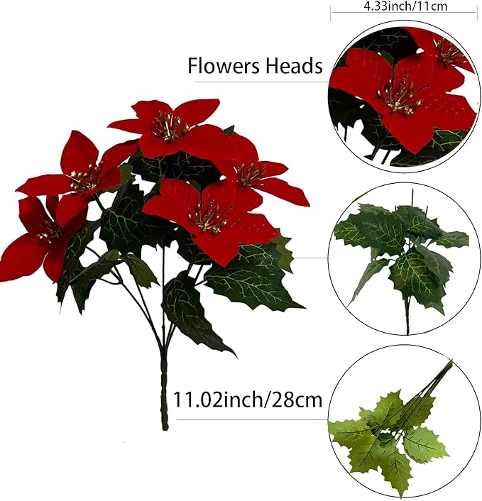 6 Pack Red Christmas Artificial Poinsettia Flowers Faux Poinsettia Bush Bouquets Silk Poinsettia Christmas Tree Ornaments Poinsettia Flower Arrangement for Home Decor