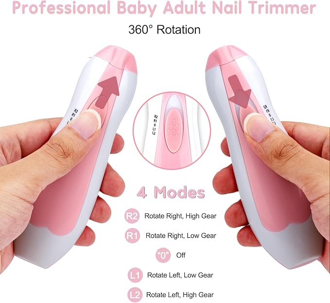 Baby Nail Trimmer File with Light - Safe Electric Nail Clippers Kit for Newborn Infant Toddler Kids Toes and Fingernails - Care, Polish and Trim - Battery Operated (AA), Pink