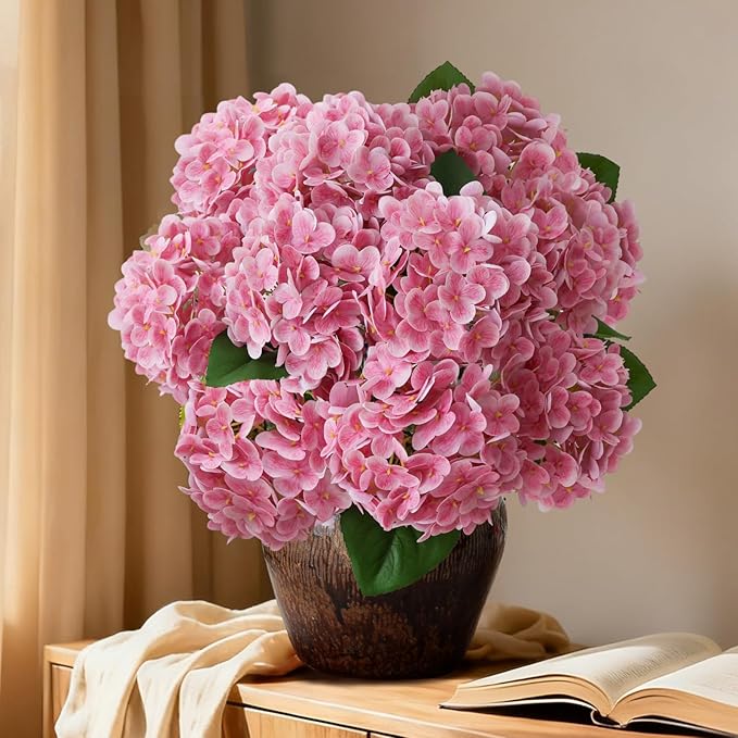 A Bunch 20in， Real Touch Hydrangea Artificial Flowers， with 5pcs Flower Head 8pcs Leaves， Faux Hydrangea Flowers for Home Office Decor Wedding Party Arrangements (2, Pink)