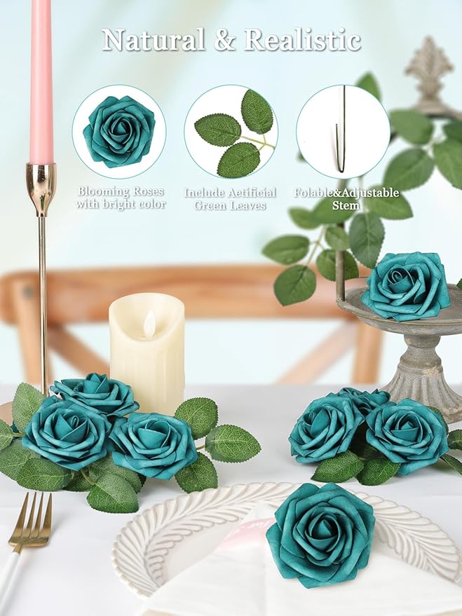 MACTING Artificial Rose Flowers 30PCS Real Touch Fake Flowers with Stem Foam Roses for DIY Wedding Bouquets Table Centerpieces Floral Arrangements Party Home Spring Valentines Day Decor,Peacock Green