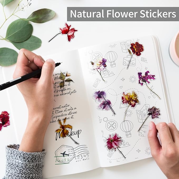 Transparent Flower Stickers for Scrapbooking PET Nature Plant Stickers Floral Stickers Vintage Craft Sticker Colorful Small Flower Sticker for Journaling Scrapbooking Clear Flower Decals(Style C)