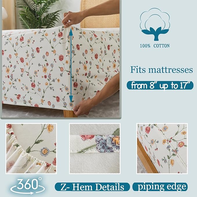 Zusbest California King Size Sheet Sets 100% Percale Cotton Off White Floral Bed Sheet, Brushed for Extra Softness, Breathable Flannel Sheets Like Pink Flower Print Deep Pocket Sheets 17.5'' 4 Pcs