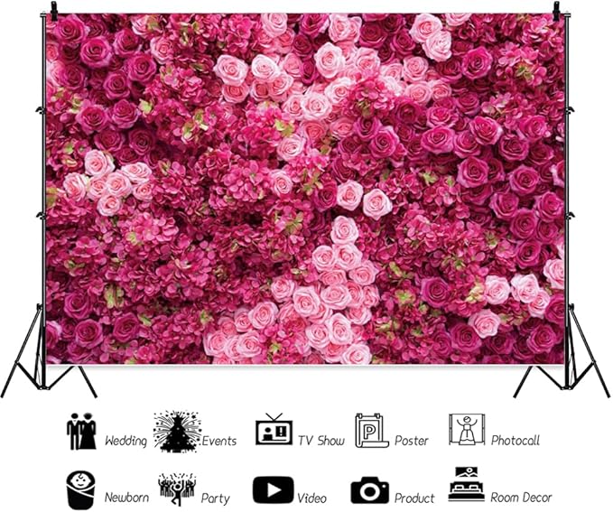 Hot Pink Red Rose Flower Backdrop Flower Wall Backdrop for Girls Woman Birthday Wedding Anniversary Bridal Shower Party Decorations Photo Booth Studio Props Vinyl 15x10ft