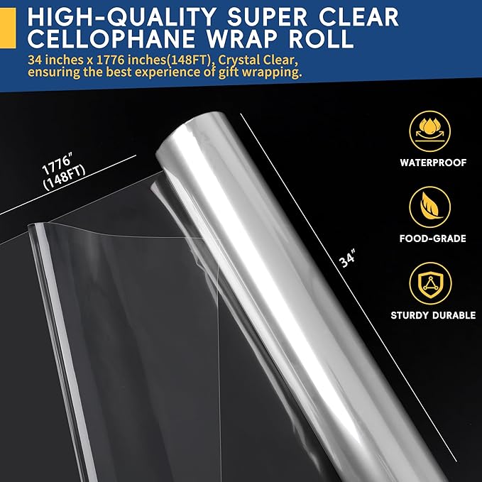 POPGIFTU 148 ft Clear Cellophane Wrap Roll (34 in x 148 ft)-3 Mil Thicken Cellophane Roll, Large Clear Wrapping Paper to Flower Gift Baskets Wrap, Gift Basket Wrapping Supplies