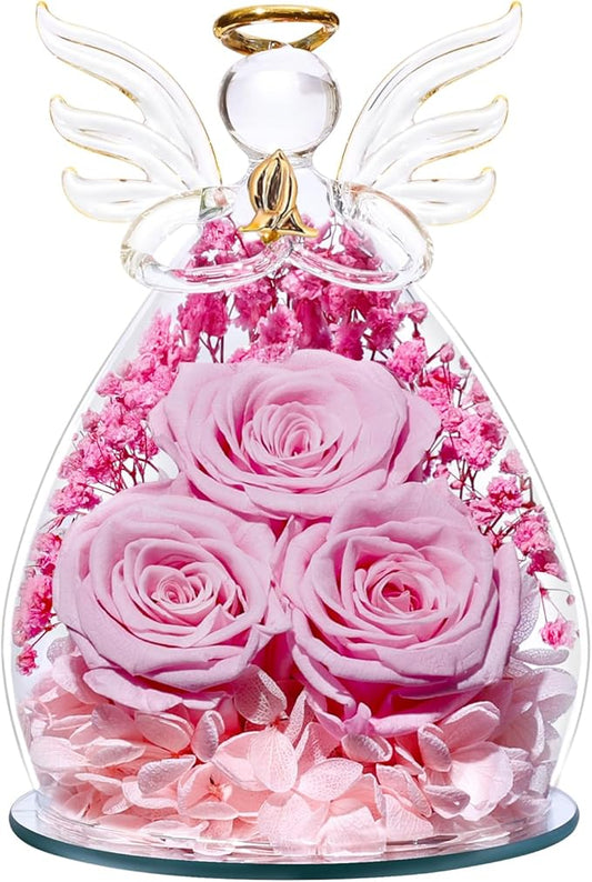 Beferr Christmas Birthday Gifts for Women, Mom Gifts for Christmas Fresh Flowers for Delivery Prime Forever Preserved Rose in Glass Angel Figurine Xmas Gifts for Grandma Wife Sister Her, Pink