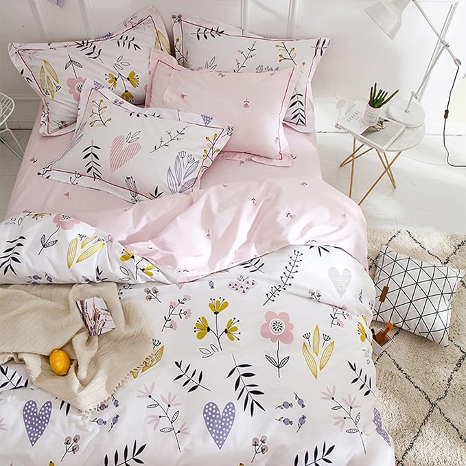 Girls Duvet Cover Queen Floral Bedding Sets White Pink Premium Cotton Colorful Pink Flower Aesthetic Bedding Cover Queen for Teens Women Reversible Comforter Cover Boho Branches Bedding Collection