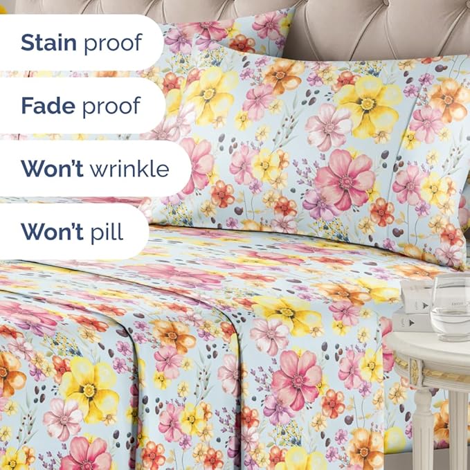 Floral Sheets - Watercolor Floral Bed Sheet Set - 1 Flat, 1 Fitted & 2 Pillowcases w/ Deep Pockets - Wrinkle & Fade Free - Boho Botanical Bedding - Ultra-Soft, Breathable and Cooling - Full Size