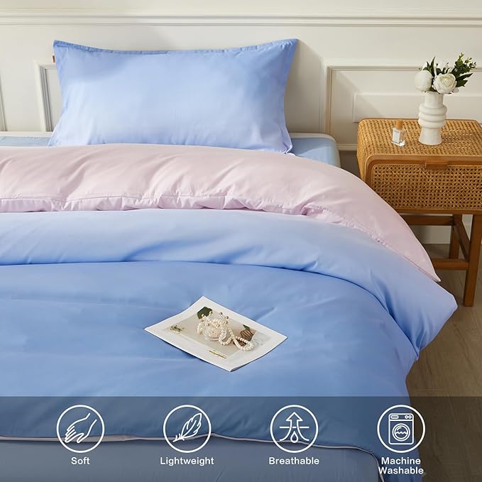 SAPHREAS Twin Size Duvet Cover Blue Pink Gradient Bedding Set with 8 Corner Ties and 1 Pillow Sham Microfiber Reversible Duvet Cover Set with Zipper Closure