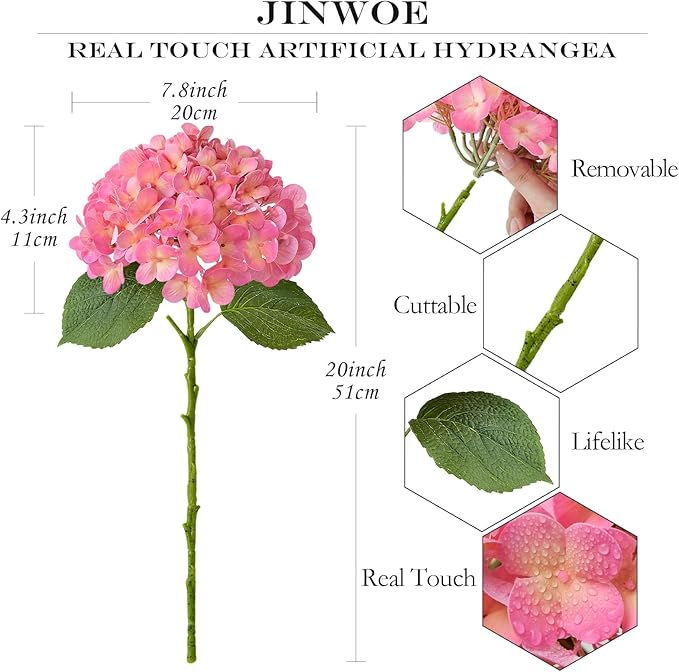 Light Pink Faux Hydrangea Flowers for Decoration,4Pcs 20" Real Touch Lifelike Faux Flowers, Full Fake Artificial Hydrangeas with Stems for Bouquet Table Centerpieces Spring Home Decoration
