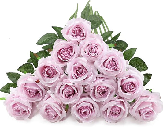 Hawesome Fake Roses Artificial Silk Flowers - 12 Pcs Pink Roses Artificial Faux Flowers with Stems for Home Wedding Centerpiece Hotel Office Decor