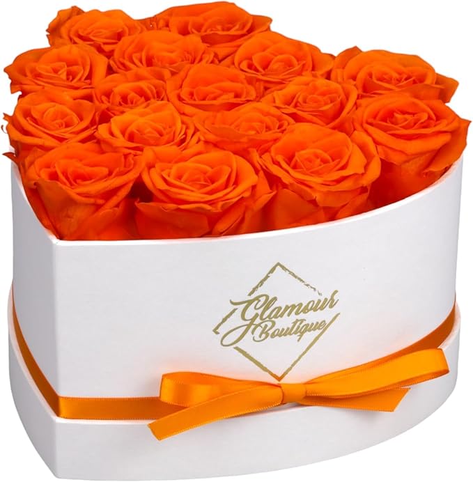 GLAMOUR BOUTIQUE Preserved Roses in a Box - Gifts for Her, Wife & Mom, Rose Flowers Forever Decor for Birthday Gift, Get Well Flower Bouquet Cased in White Box with Cover - Orange - 16-Piece