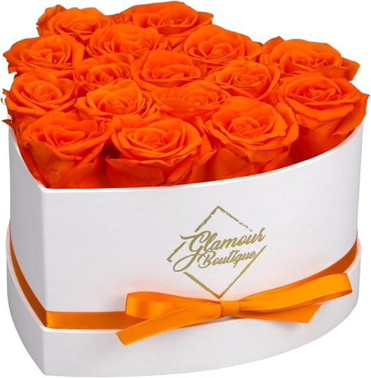 GLAMOUR BOUTIQUE Preserved Roses in a Box - Gifts for Her, Wife & Mom, Rose Flowers Forever Decor for Birthday Gift, Get Well Flower Bouquet Cased in White Box with Cover - Orange - 16-Piece