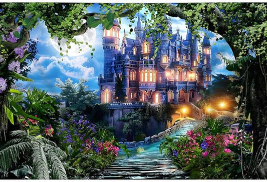 8x6ft Spring Fantasy Castle Palace Backdrop Vinyl Fairy Tale Prince Princess Flower Forest Wonderland Castle Photography Background Girl Home Decor Birthday Party Portrait Photo Props