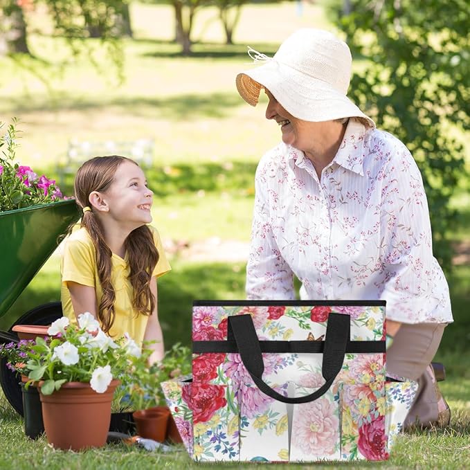 Garden Tool Tote Bag for Women Men Flower Bird Butterfly Gardening Tool Storage Bags with 10 Pockets Standable Garden Home Tool Kits Organizer for Indoor Outdoor Gardening Gifts