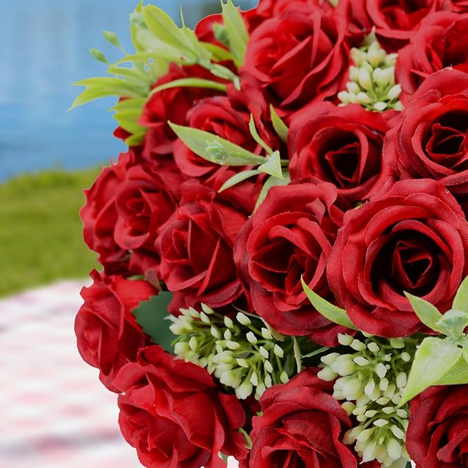 8 Pack Rose Artificial Flowers Bouquet, 10 Small Silk Rose Heads Per Pack, Fake Roses Bunches for Wedding Table Centerpieces Bridal Bouquet Mother's Day Valentine's Day Home Decor, Red