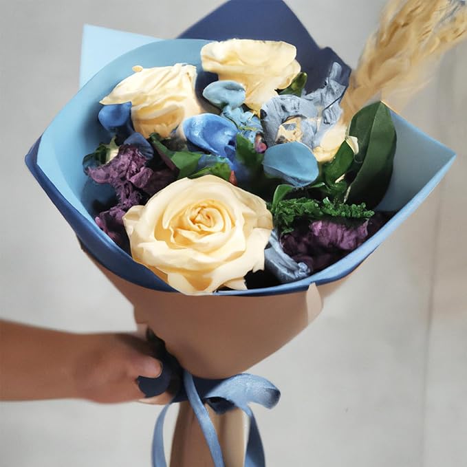 LeZakaa 20 Sheets Flower Wrapping Paper - Waterproof Reversible Floral Bouquet Paper - Sky Blue and Navy Blue Design for Father's Day, Graduation, Party, Holiday