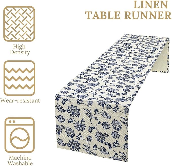 Boho Floral Table Runner, Navy Blue Paisley Flower Traditional Porcelain Vintage Decor Table Runner for Kitchen Dining Party, 13x36 Inch