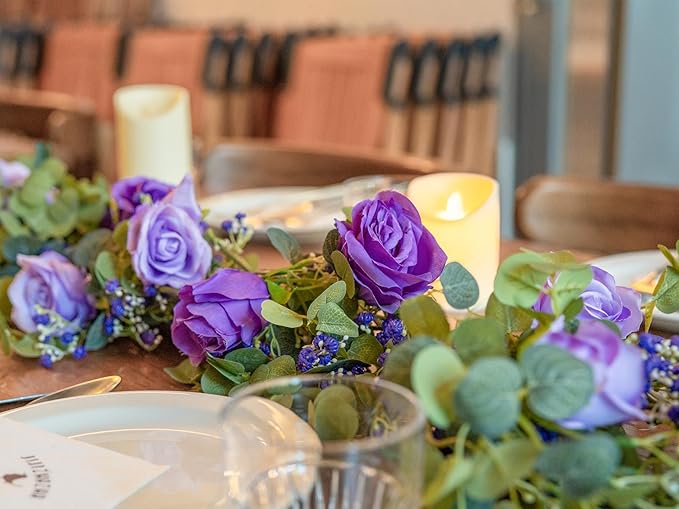 6FT Eucalyptus Garland with 10 Purple Roses and Baby Breath Artificial Flower Greenery Garland for Table Centerpiece Party Wedding Decorations Indoor Outdoor Wall Backdrop Decor
