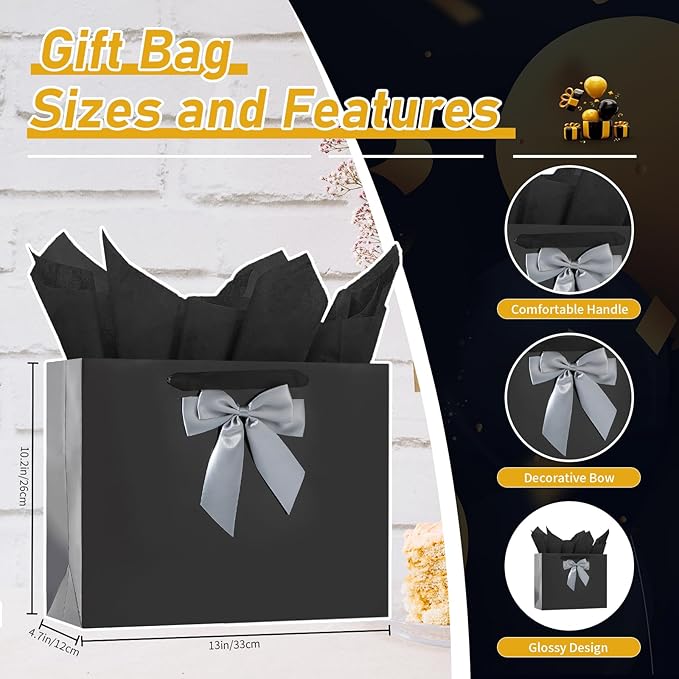 Bloomwords 13" Black Gift Bag Set - 2 Large Paper Bag with Bow, Greeting Card & 4 Tissues, Sturdy Handles for Birthdays, Father’s Day & Special Occasions-2PCS