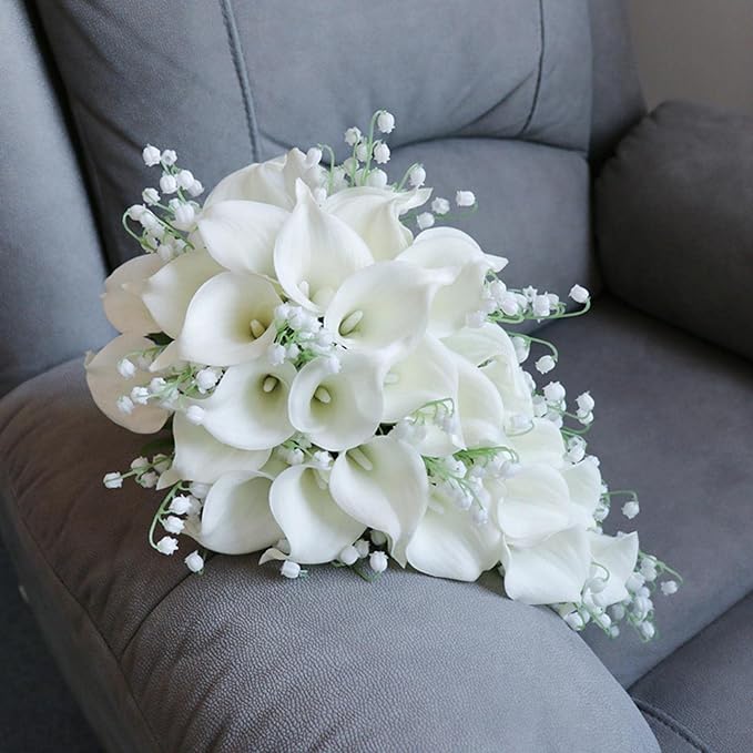Bride Bouquet for Wedding, White Calla Lily Waterfall Bride Bridal Artificial Flowers Bouquet Cascading Bridal Bouquets for Wedding Ceremony Anniversary Bridal Shower Party Decoration