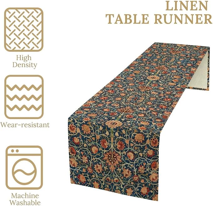 William Morris Table Runner, Boho Rustic Ethnic Flower Original Design Print Table Runner for Home Party Dining Room Kitchen Decor 13x70 Inch
