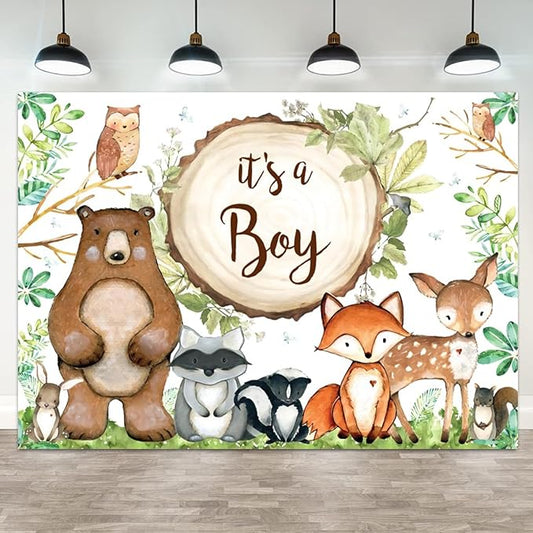 15x10ft Woodland Baby Shower Backdrop It's a Boy Photography Background Jungle Green Grass Leaves Animals Bear Fox Deer Baby Boys Party Banner Decorations Newborn Portrait Photo Booth Prop