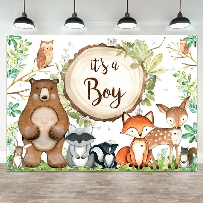 10x8ft Woodland Baby Shower Backdrop It's a Boy Photography Background Jungle Green Grass Leaves Animals Bear Fox Deer Baby Boys Party Banner Decorations Newborn Portrait Photo Booth Prop