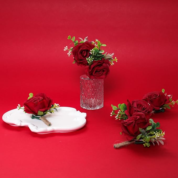 Ivory Rose Boutonniere for Men Wedding Set of 6 Groom Groomsmen Best Man Artificial Flowers Boutonniere for Wedding Ceremony Anniversary Prom Flowers Formal Dinner Party (6, Red, Middle)