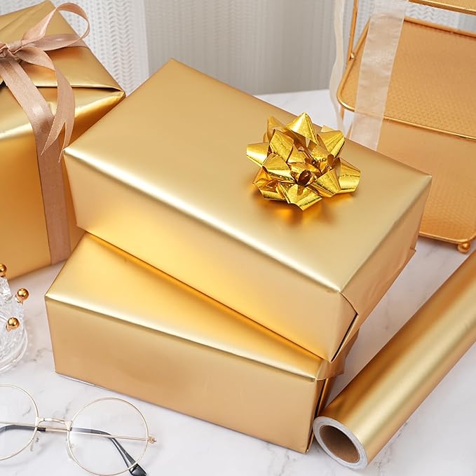 ZINTBIAL Metallic Gold Wrapping Paper Roll with Cut Lines - Solid Gold Holiday Gift Wrap for Graduation, Birthdays, Baby Shower, Wedding, Christmas - 17.5 in x 33 ft (48 sq. ft), Easy to Cut
