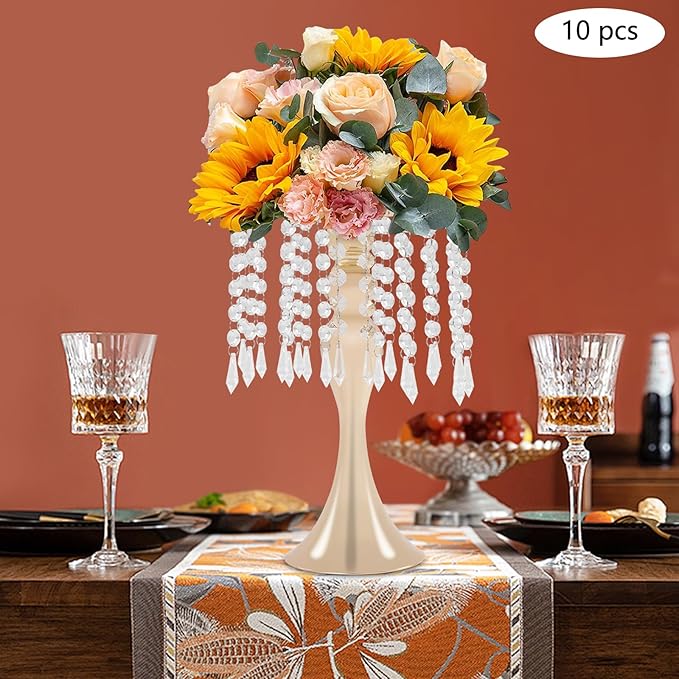 10 Pcs Glam Crystal Flower Stands, Wedding Reception Decorations with Sparkling Crystal Beads Table Center Display Flower Arrangement Flower Stand Metal Vase for Event Decor (Gold, Height:13.77in)