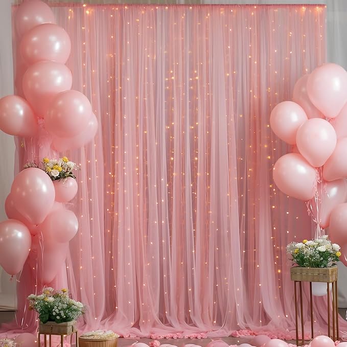 10x10ft Dusty Rose Tulle Backdrop Curtain with Lights String for Parites, Sheer Backdrop Curtains for Wedding Baby Shower Birthday Party Photo Shoot Decorations