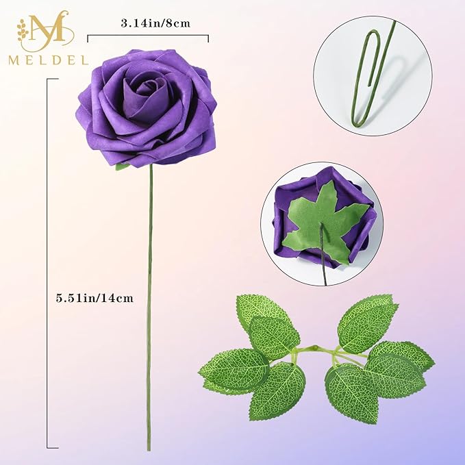 Meldel Artificial Flowers 25pcs Real Looking Purple Lilac Foam Fake Roses with Stems for DIY Wedding Bouquets Bridal Shower Centerpieces Floral Arrangements Home Decorations Bulk Crafts Rose