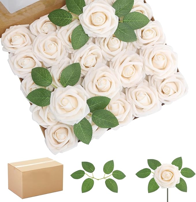 200PCS Artificial Flowers Champagne Roses Real Looking Foam Fake Roses with Leaves and for DIY Wedding Bouquets Bridal Shower Centerpieces Party Decorations (Champagne, 200)