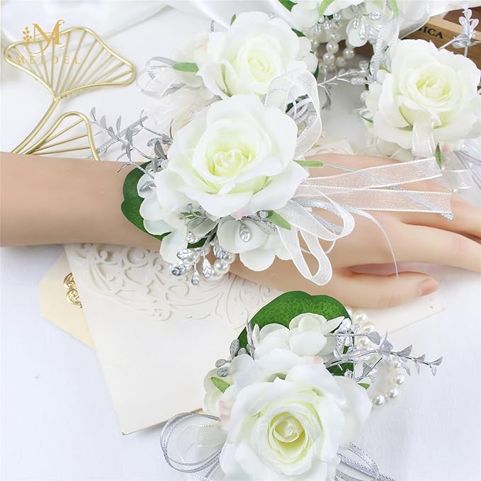 Meldel Prom Wrist Corsage for Bride Bridesmaids Wedding, Set of 6, Artificial White Rose Wrist Corsages for Prom Women Girls Engagement Mother Bridal Shower Party Homecoming Graduation Anniversary