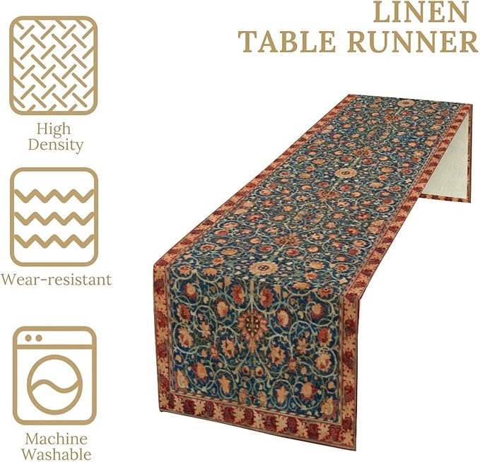 William Morris Table Runner, Rustic Boho Ethnic Flower Original Design Print Table Runner for Home Party Dining Room Kitchen Decor 13x120 Inch
